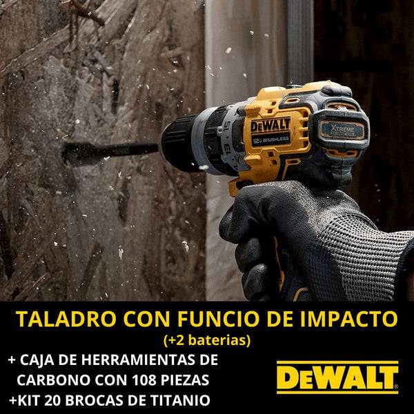 KIT DEWALT: Taladro De Percusion De Alto Impacto + Caja De Herramientas Con 108 Piezas + 20 Brocas De Titanio - BLACK FRIDAY 🔥